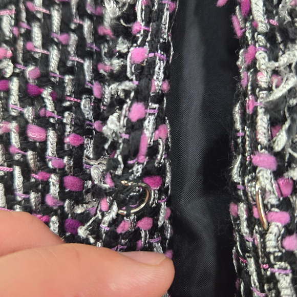 Y2K Sag Harbor Tweed Jacket Black Pink Boucle Fringe Trim Blazer Size 14 - Picture 8 of 11